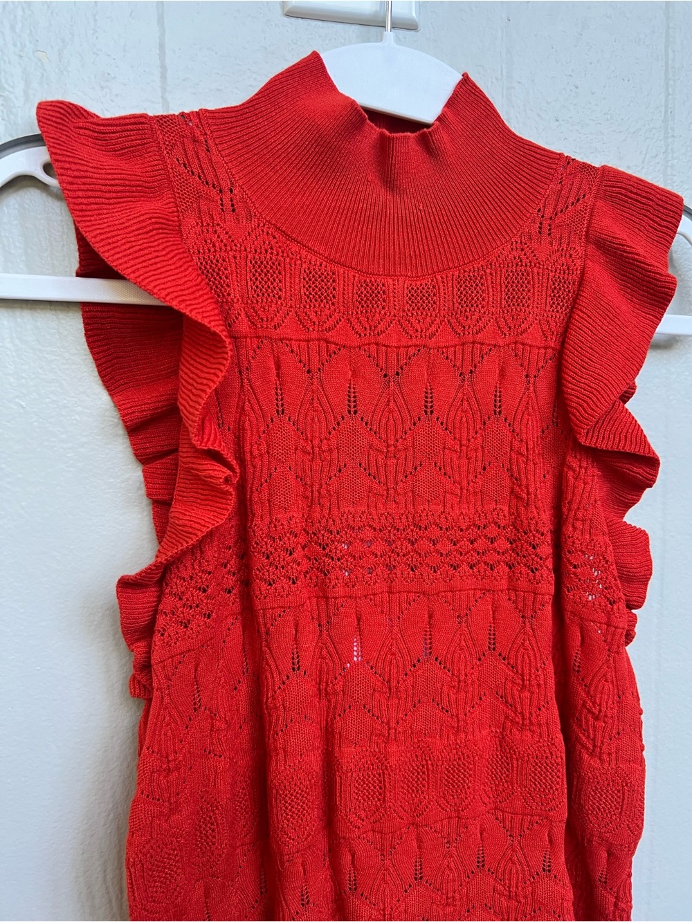 Red Knit Ruffle Top - Elegant High Neck